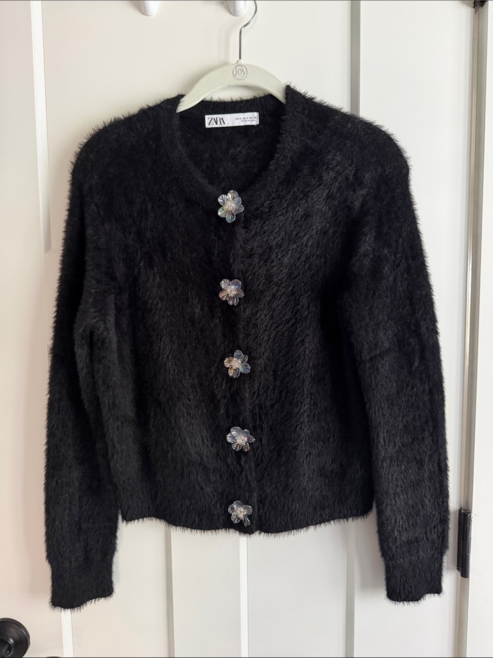 Zara Fuzzy Cardigan with Iridescent Floral Buttons
